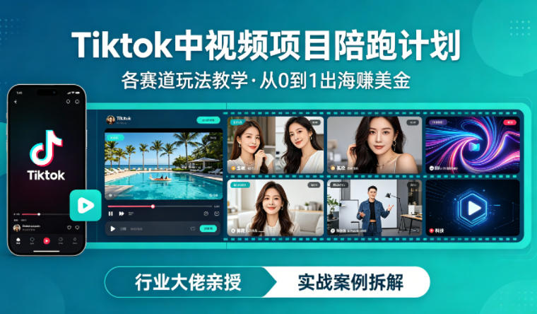 某大佬的Tiktok中视频项目陪跑，涵盖TK各个赛道玩法教学，从0到1出海賺美金-源创文化