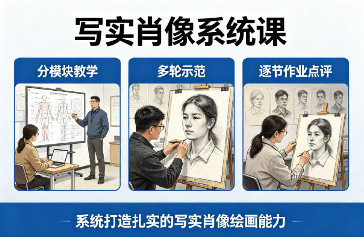 写实肖像系统课，全程分模块教学+多轮示范+逐节作业点评，系统打造扎实的写实肖像绘画能力-源创文化
