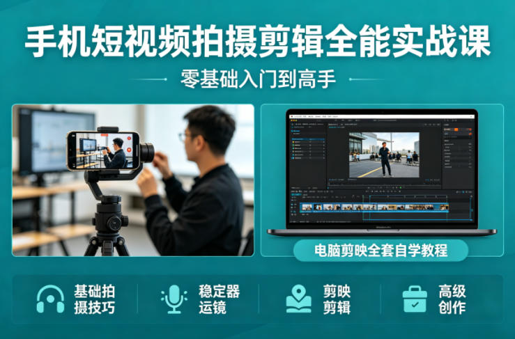 手机短视频拍摄剪辑全能实战课:零基础入门到高手,稳定器运镜+电脑剪映全套自学教程-源创文化