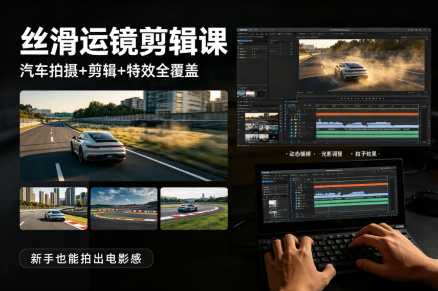 大叔丝滑运镜剪辑课,汽车拍摄+剪辑+特效全覆盖,新手也能拍出电影感-源创文化