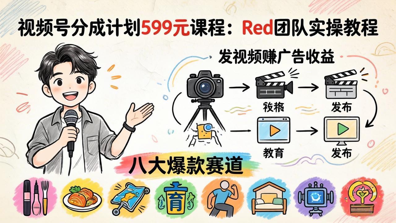 视频号分成计划599元课程：Red团队实操教程，发视频赚广告收益，八大爆款赛道全掌握-源创文化