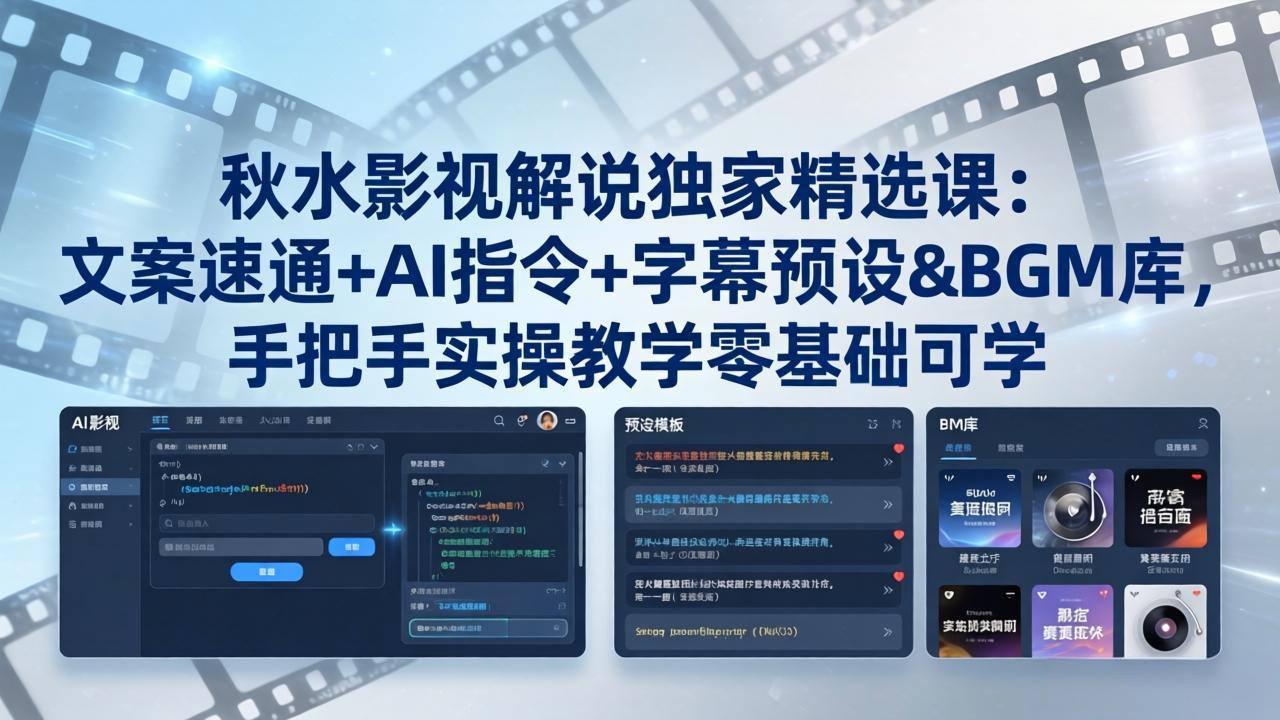 秋水影视解说独家精选课：文案速通+AI指令+字幕预设+BGM库，手把手实操教学零基础可学-源创文化