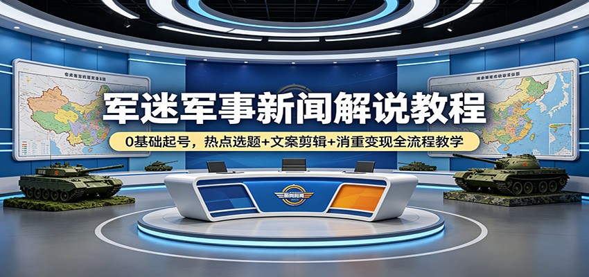 军迷军事新闻解说教程：0基础起号，热点选题+文案剪辑+消重变现全流程教学-源创文化