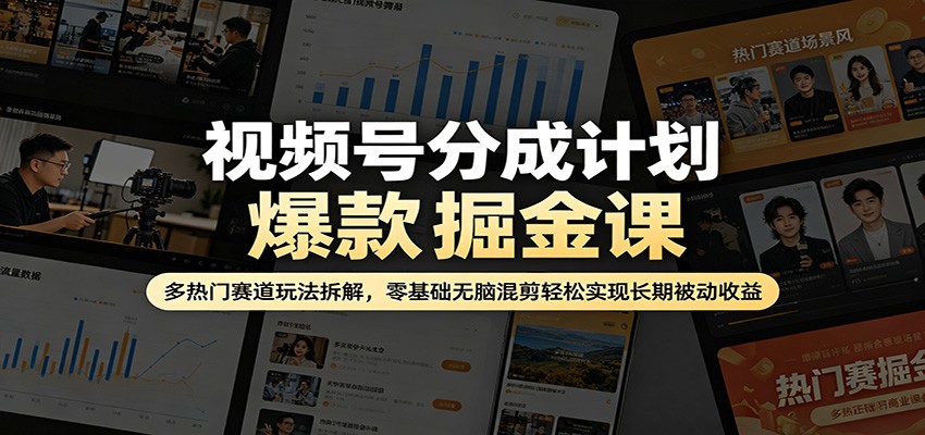 视频号分成计划爆款掘金课：多热门赛道玩法拆解，零基础无脑混剪轻松实现长期被动收益-源创文化