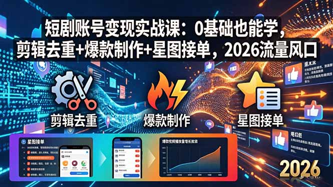 短剧账号变现实战课：0基础也能学，剪辑去重+爆款制作+星图接单，2026流量风口-源创文化