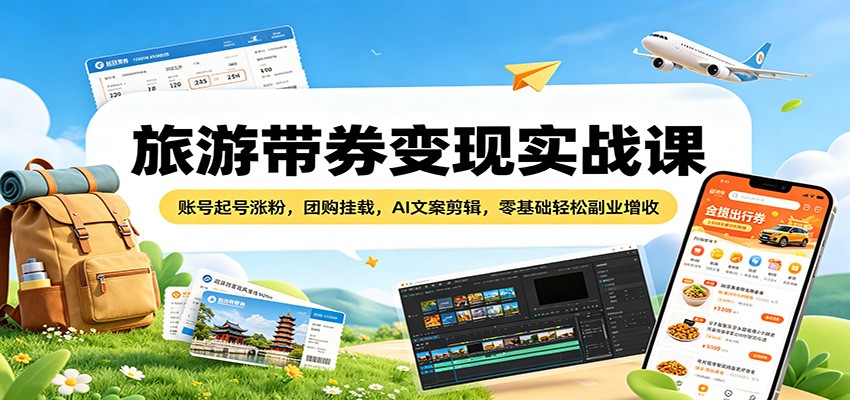 旅游带券变现实战课：账号起号涨粉，团购挂载，AI文案剪辑，零基础轻松副业增收-源创文化