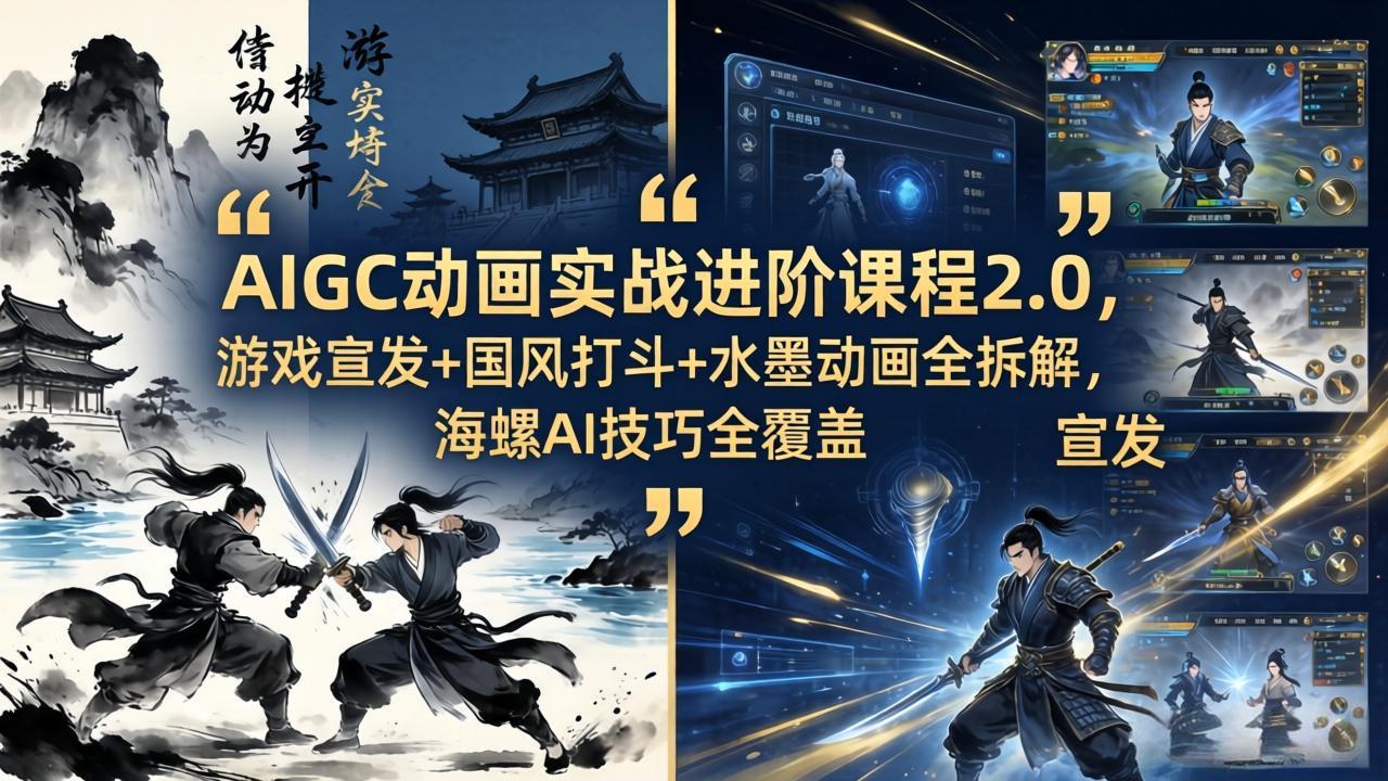 AIGC动画实战进阶课程2.0，游戏宣发+国风打斗+水墨动画全拆解，海螺AI技巧全覆盖-源创文化