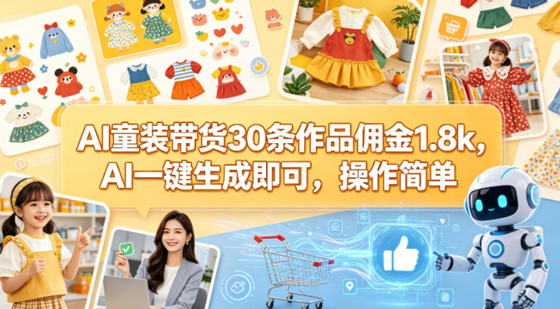 AI童装带货30条作品佣金1.8k，AI一键生成即可，操作简单-源创文化