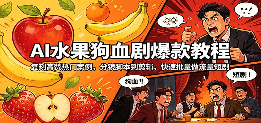 AI水果狗血剧爆款教程：复刻高赞热门案例，分镜脚本到剪辑，快速批量做流量短剧-源创文化