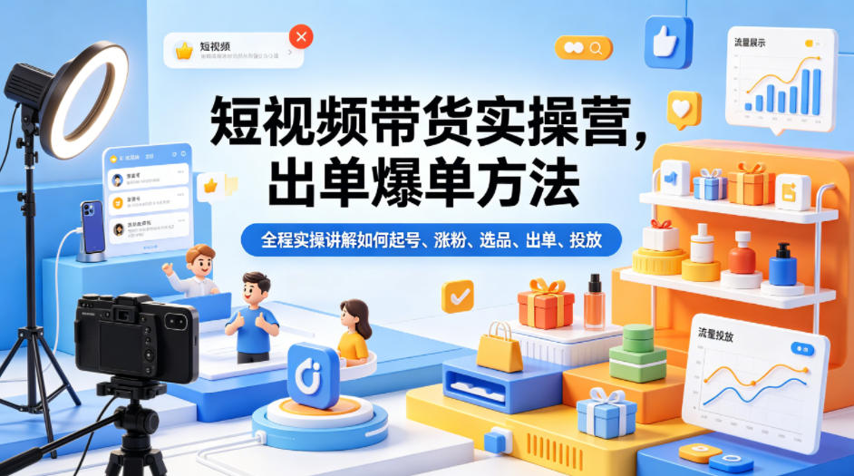 短视频带货实操营，出单爆单方法，全程实操讲解如何起号、涨粉、选品、出单、投放-源创文化