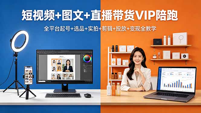 短视频+图文+直播带货VIP陪跑，全平台起号+选品+实拍+剪辑+投放+变现全教学-源创文化