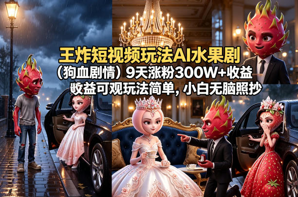 王炸短视频玩法AI水果剧(狗血剧情)9天涨粉300W+收益可观玩法简单，小白无脑照抄，详细拆解玩法-源创文化
