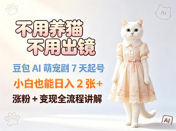 不用养猫不用出镜，豆包AI萌宠剧7天起号，小白也能日入2张+，涨粉+变现全流程讲解-源创文化