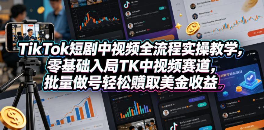 TikTok短剧中视频全流程实操教学，零基础入局TK中视频赛道，批量做号轻松賺取美金收益-源创文化
