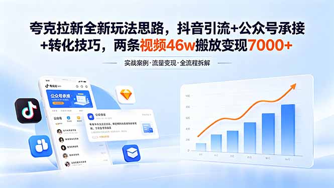夸克拉新全新玩法思路，抖音引流+公众号承接+转化技巧，两条视频46w搬放 变现7000+-源创文化