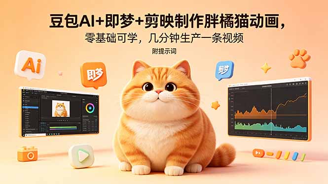 豆包AI+即梦+剪映制作胖橘猫动画，零基础可学，几分钟生产一条视频，附提示词-源创文化