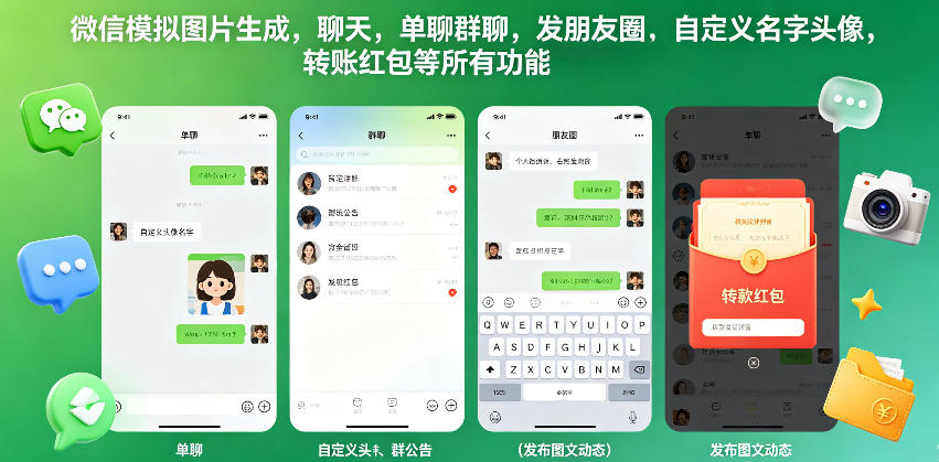 微信模拟图片生成，聊天，单聊群聊，发朋友圈，自定义名字头像，转账红包等所有功能都可以生成-源创文化