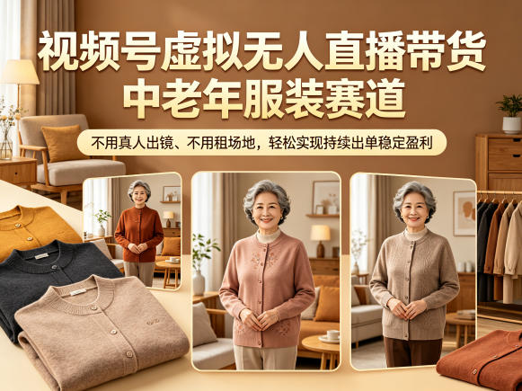视频号虚拟无人直播带货中老年服装赛道，不用真人出镜、不用租场地，轻松实现持续出单稳定盈利-源创文化