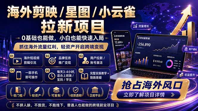 海外剪映 / 星图 / 小云雀拉新项目 普通人也能上手的跨境流量变现副业-源创文化