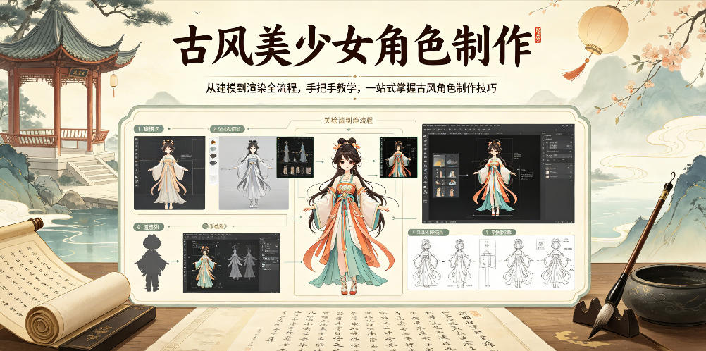 古风美少女角色制作，从建模到渲染全流程，手把手教学，一站式掌握古风角色制作技巧-源创文化