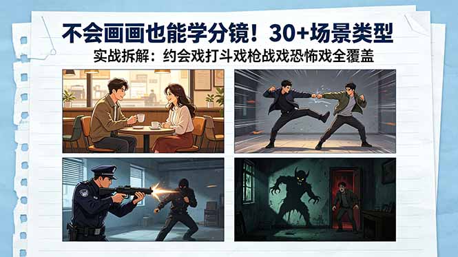 不会画画也能学分镜！30+场景类型实战拆解：约会戏打斗戏枪战戏恐怖戏全覆盖-源创文化