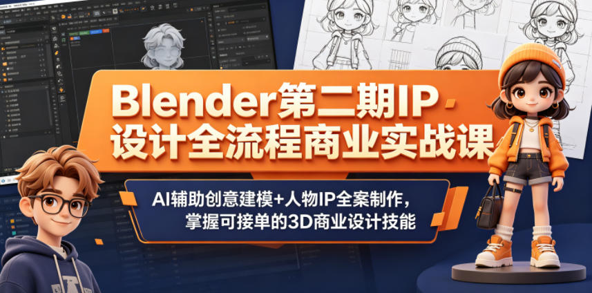 Blender第二期IP设计全流程商业实战课，AI辅助创意建模+人物IP全案制作，掌握可接单的3D商业设计技能-源创文化