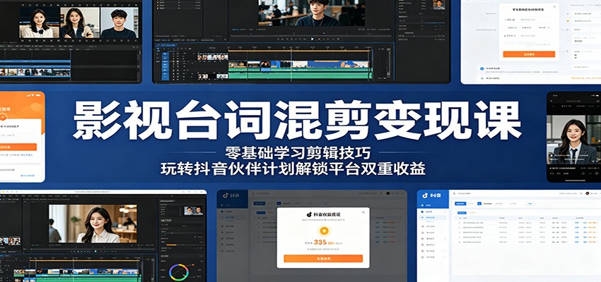 影视台词混剪变现课：零基础学习剪辑技巧，玩转抖音伙伴计划解锁平台双重收益-源创文化
