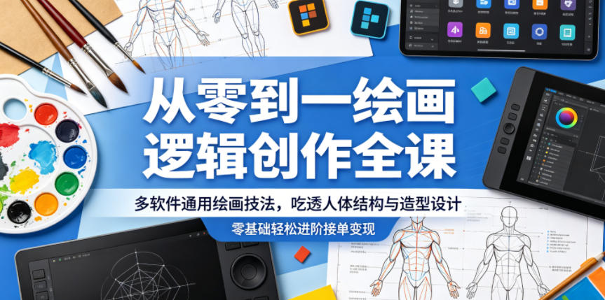 从零到一绘画逻辑创作全课，多软件通用绘画技法，吃透人体结构与造型设计，零基础轻松进阶接单变现-源创文化