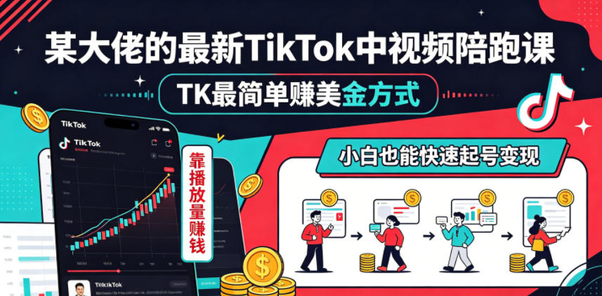 某大佬的最新TikTok中视频陪跑课，TK最简单賺美金方式，靠播放量賺钱，小白也能快速起号变现-源创文化