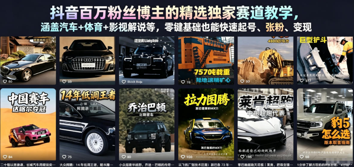 抖音百万粉丝博主的精选独家赛道教学，涵盖汽车+体育+影视解说等，零基础也能快速起号、涨粉、变现-源创文化