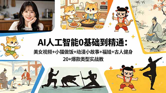 AI人工智能0基础到精通:美女视频+小猫做饭+动漫小故事+福娃+古人健身,20+爆款类型实战教学-源创文化
