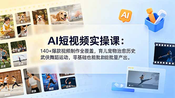 AI短视频实操课:140+爆款视频制作全覆盖,育儿宠物治愈历史武侠舞蹈运动,零基础也能批量产出-源创文化