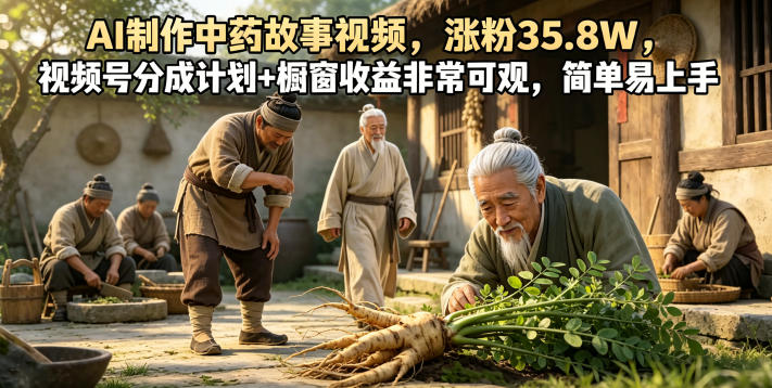 AI制作中药故事视频,涨粉35.8W,视频号分成计划+橱窗收益非常可观,简单易上手-源创文化