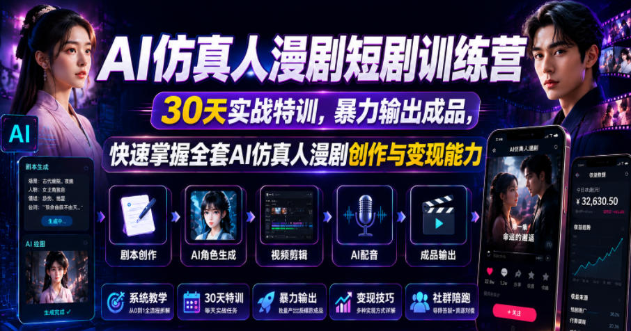 AI仿真人漫剧短剧训练营,30天实战特训,暴力输出成品,快速掌握全套AI仿真人漫剧创作与变现能力-源创文化