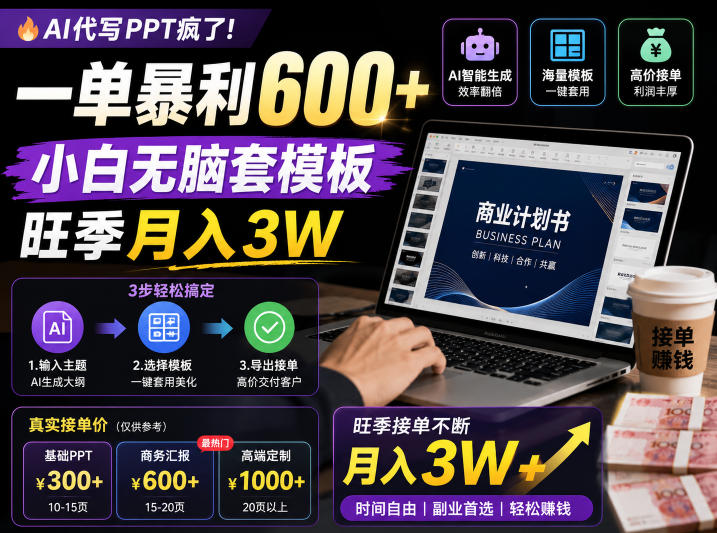 AI代写PPT疯了!一单暴利600+,小白无脑套模板,旺季月入3W,不用苦哈哈引流【揭秘】-源创文化