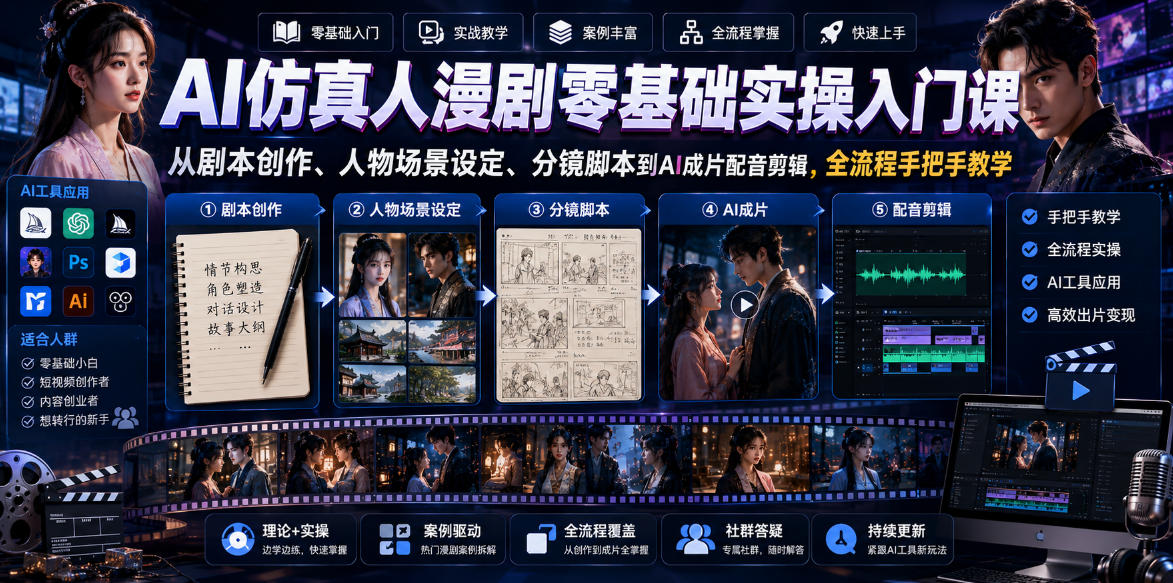 AI仿真人漫剧零基础实操入门课，从剧本创作、人物场景设定、分镜脚本到AI成片配音剪辑，全流程手把手教学-源创文化