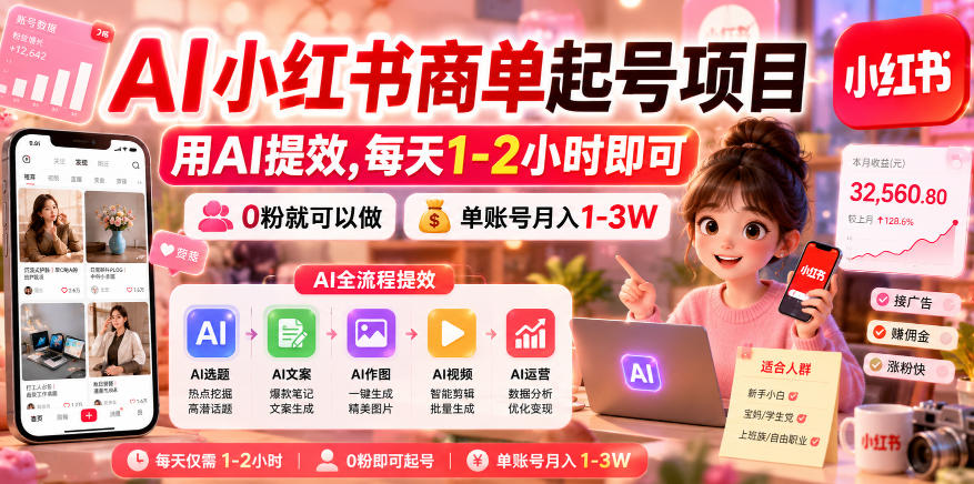 AI小红书商单起号项目,用AI提效,每天1-2小时即可,0粉就可以做,单账号月入1-3W-源创文化