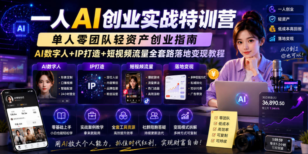 一人AI创业实战特训营,单人零团队轻资产创业指南,AI数字人+IP打造+短视频流量全套路落地变现教程-源创文化