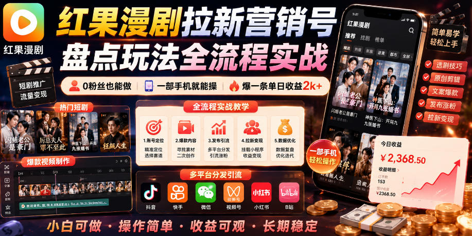红果漫剧拉新营销号盘点玩法全流程实战,0粉丝也能做,一部手机就能做,爆一条单日收益2k+-源创文化