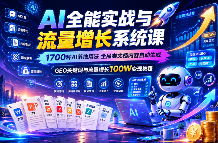 AI全能实战与流量增长系统课,1700种AI落地用法,全品类文档内容自动生成,GEO关键词与流量增长100W变现教程-源创文化