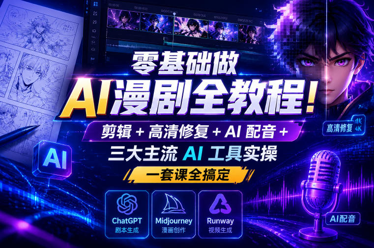 零基础做AI漫剧全教程!剪辑+高清修复+AI配音+三大主流AI工具实操,一套课全搞定-源创文化