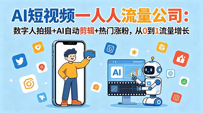 AI短视频一人流量公司:数字人拍摄+AI自动剪辑+热门涨粉,从0到1流量增长-源创文化