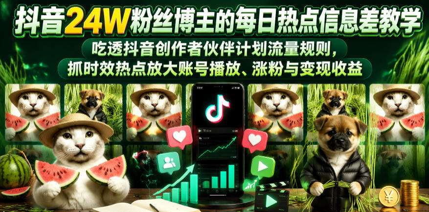 抖音24W粉丝博主的每日热点信息差教学,吃透创作者伙伴计划流量规则,抓时效热点放大账号播放、涨粉与变现收益(更新)-源创文化