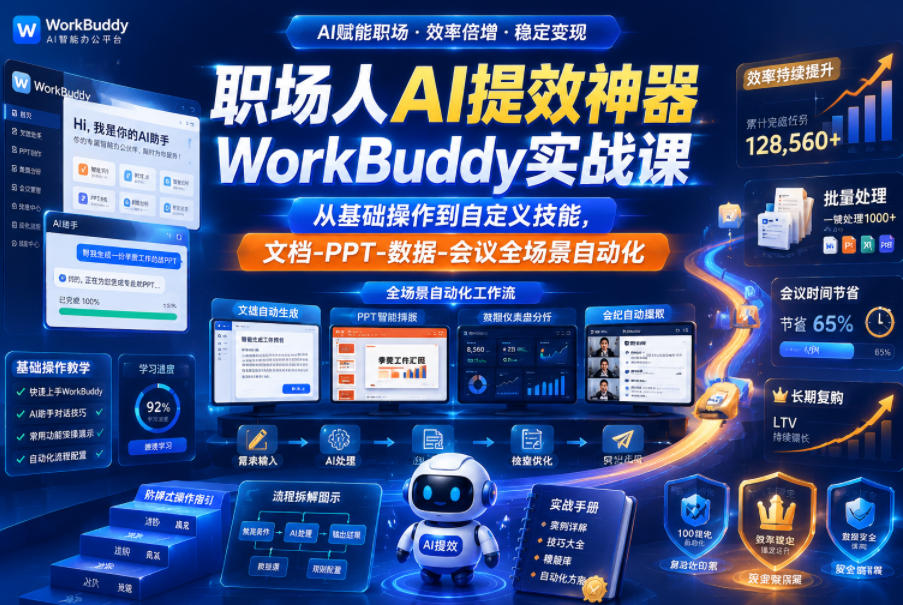 职场人AI提效神器WorkBuddy实战课,从基础操作到自定义技能,文档-PPT-数据-会议全场景自动化-源创文化