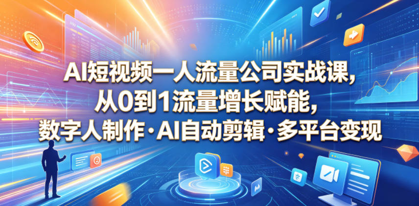 AI短视频一人流量公司实战课,从0到1流量增长赋能,数字人制作・AI自动剪辑・多平台变现,一人做流量生意全落地教程-源创文化