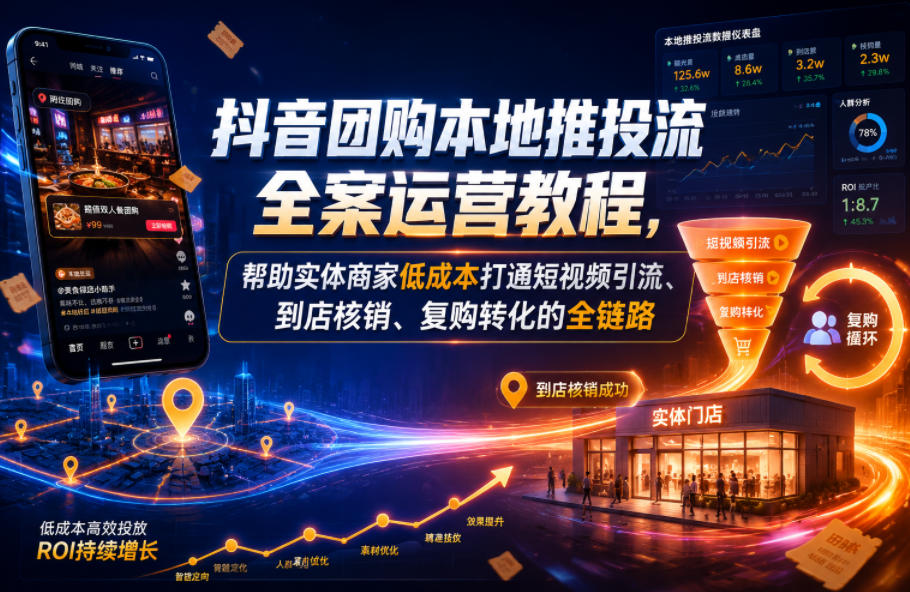 抖音团购本地推投流全案运营教程,帮助实体商家低成本打通短视频引流、到店核销、复购转化的全链路-源创文化