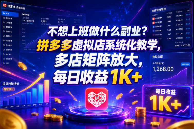 不想上班做什么副业?拼多多虚拟店系统化教学,多店矩阵放大,每日收益1K+【揭秘】-源创文化