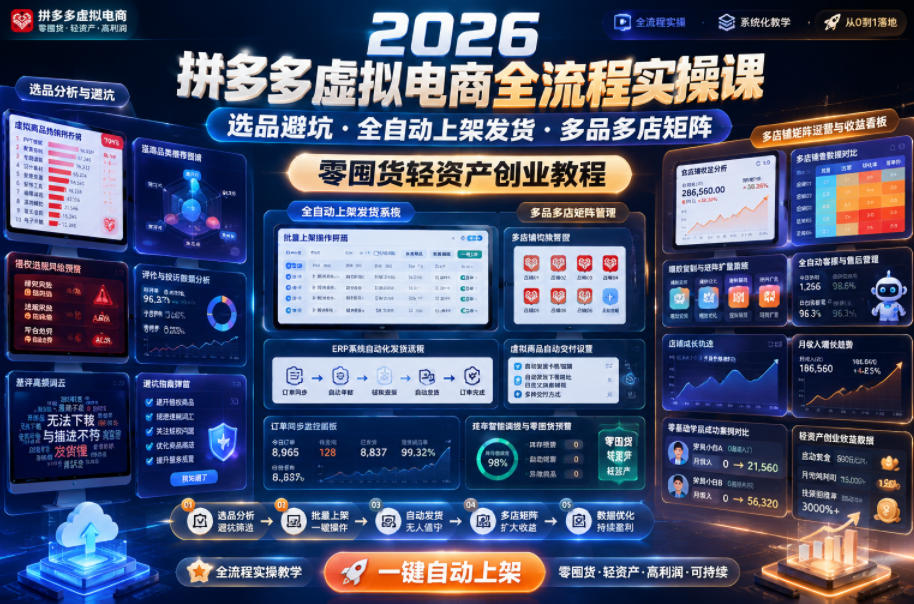 2026拼多多虚拟电商全流程实操课，选品避坑・全自动上架发货・多品多店矩阵，零囤货轻资产创业教程-源创文化