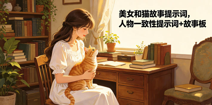 美女和猫故事提示词,人物一致性提示词+故事板-源创文化