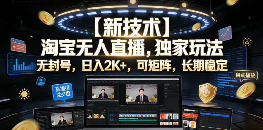 【新技术】淘宝无人直播，独家玩法，无封号，日入2K+，可矩阵，长期稳定【揭秘】-源创文化